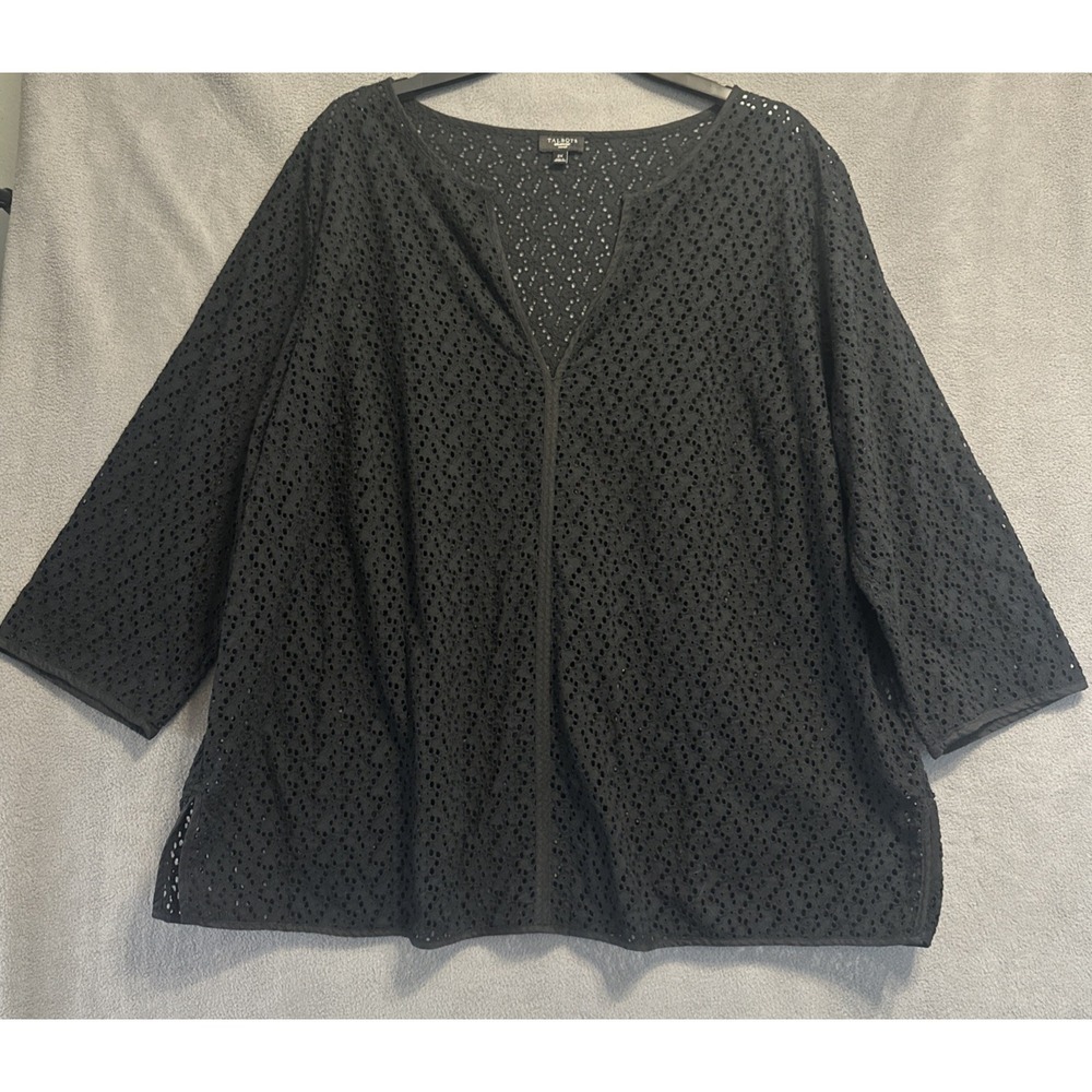 Talbots Woman Lace Eyelet Top Plus Size 2X Black Sheer Classic Preppy Chic